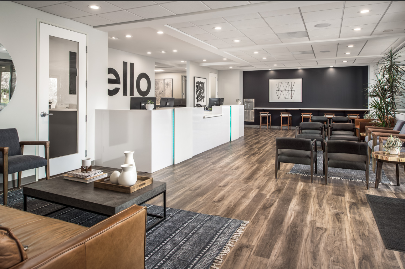 bar seating for work, water bottle filler on wall